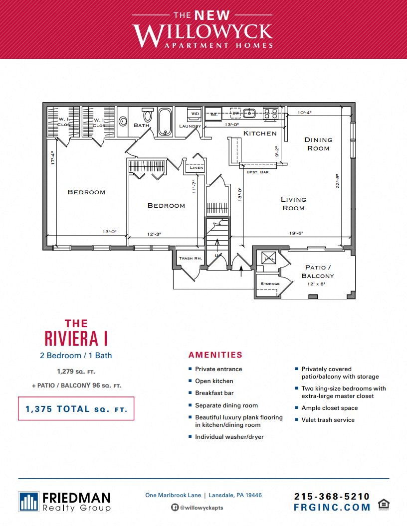 Floor plan for 2 beds, 1 bath, 1279 sqft